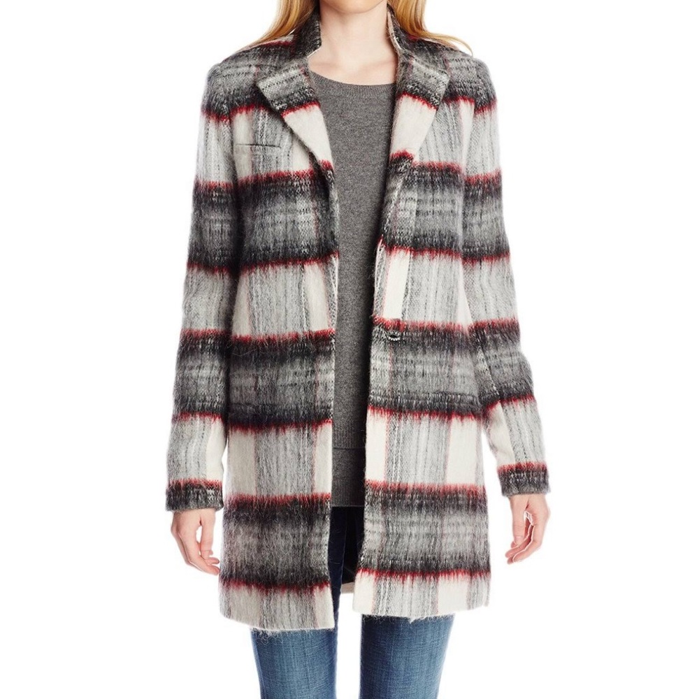 Joe's Jeans Alister Long Acrylic/Wool Coat Cream/Charcoal Plaid